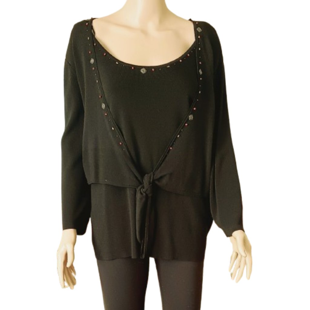 Studio I Black Tie Front Sweater 18w Beaded Trim 3/4 Sleeves Stretch Top